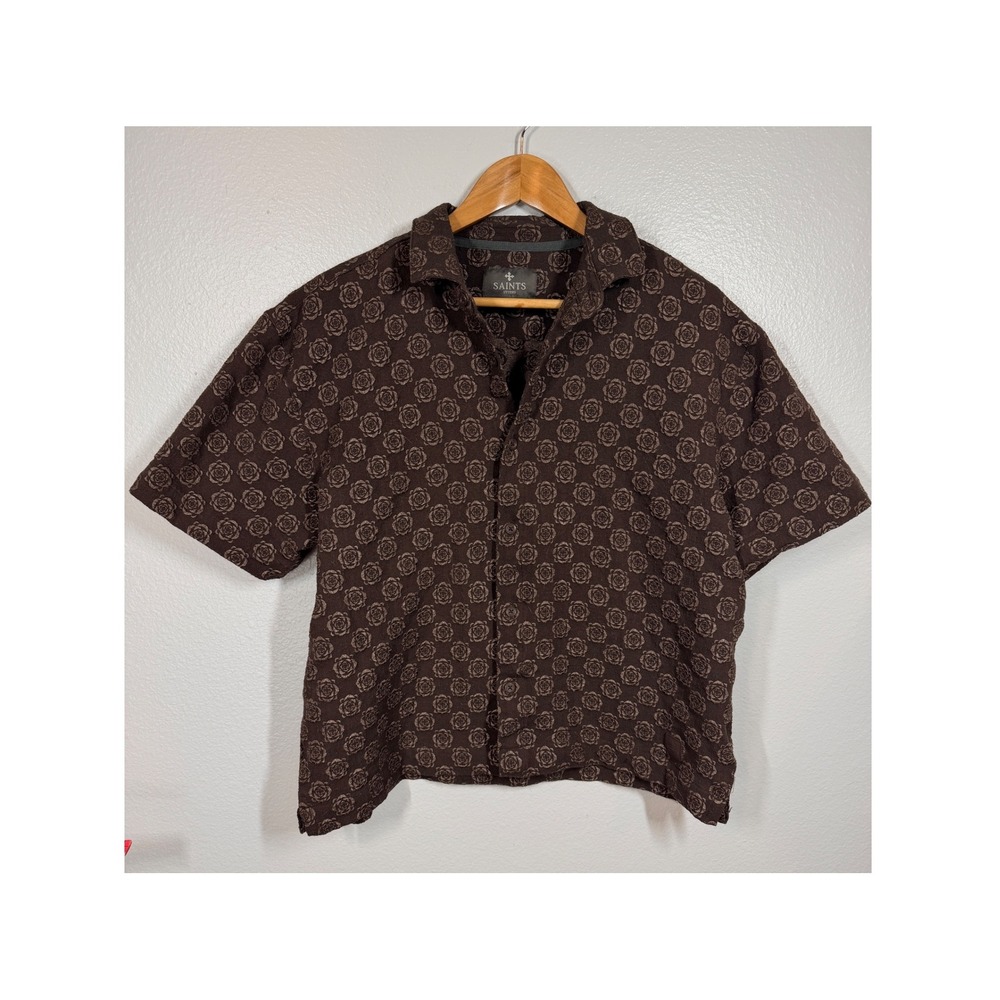 Saints Studio Button Up Men's XL Brown Floral Rose Jacquard Short Sleeve Shirt